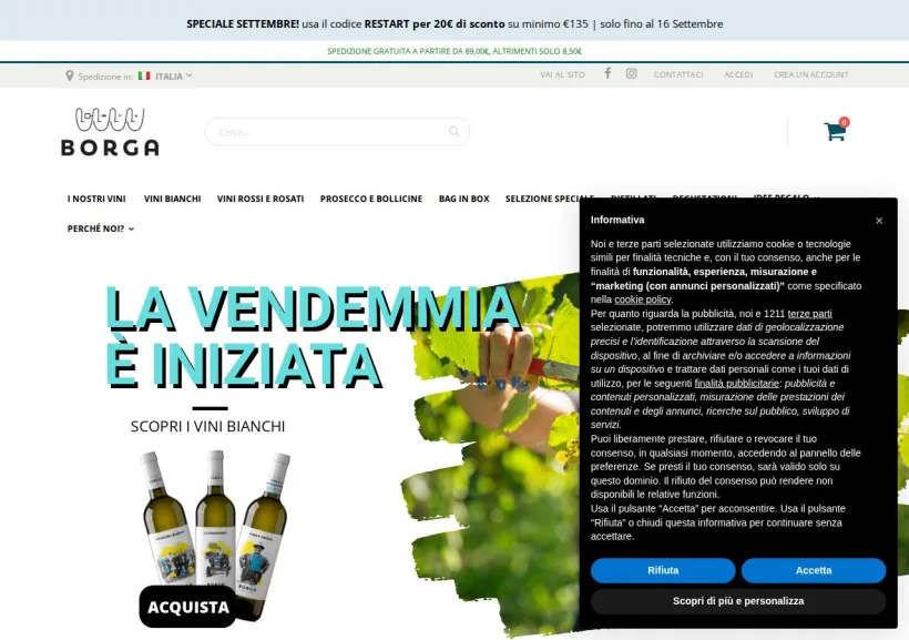 Schermata della pagina offerta di Cantine Borga