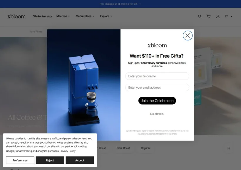 Schermata della pagina offerta di xbloom