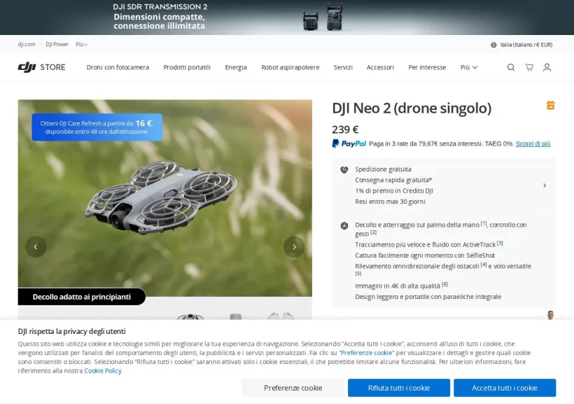 Schermata della pagina offerta di DJI