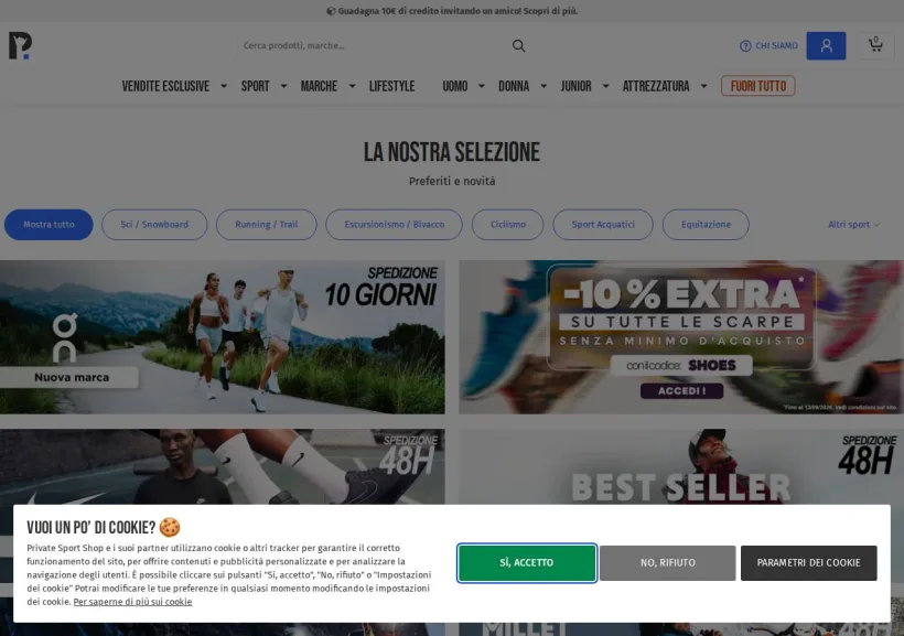Schermata della pagina offerta di Private Sport Shop