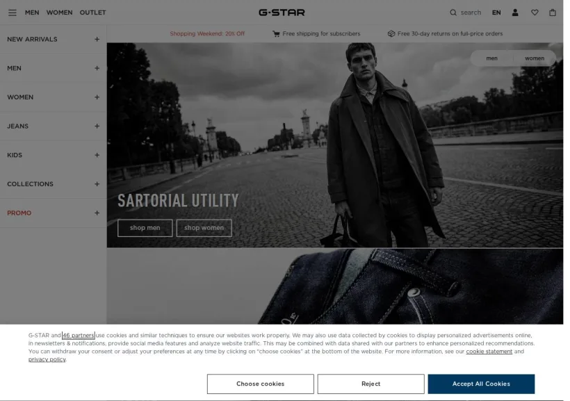 Schermata della pagina offerta di G-Star