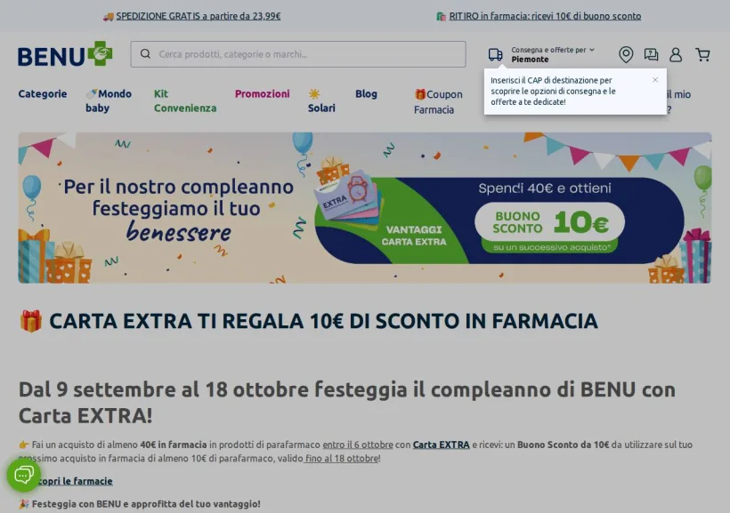 Schermata della pagina offerta di Benu Farma