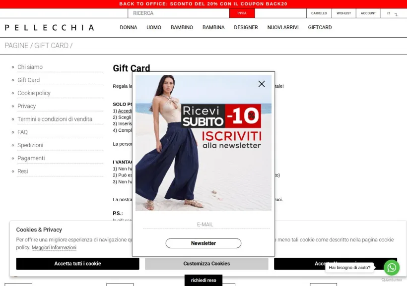 Schermata della pagina offerta di Pellecchia