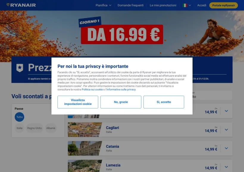 Schermata della pagina offerta di Ryanair