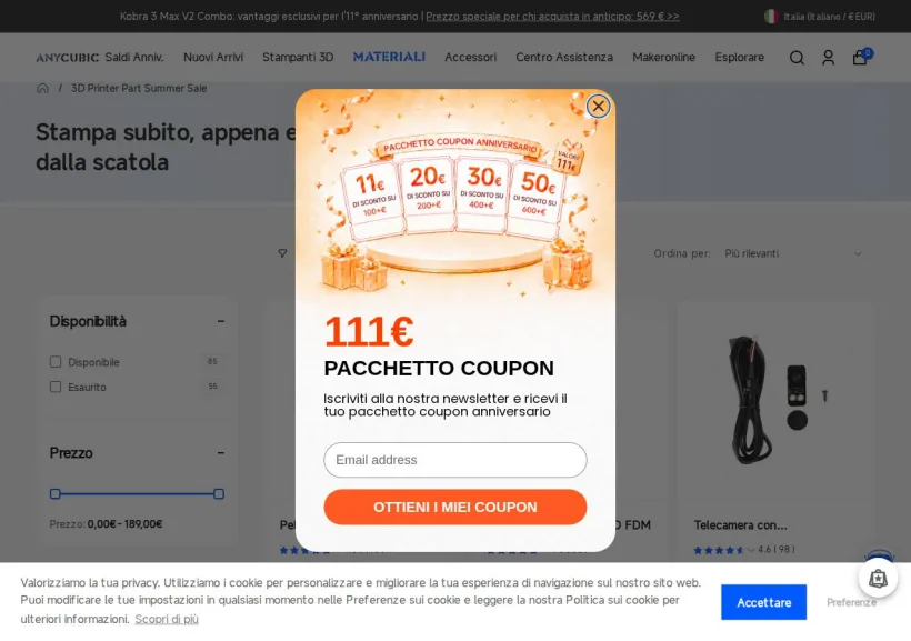 Schermata della pagina offerta di Anycubic