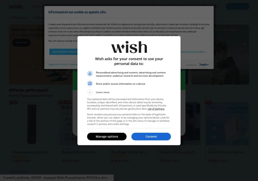 Schermata della pagina offerta di Wish