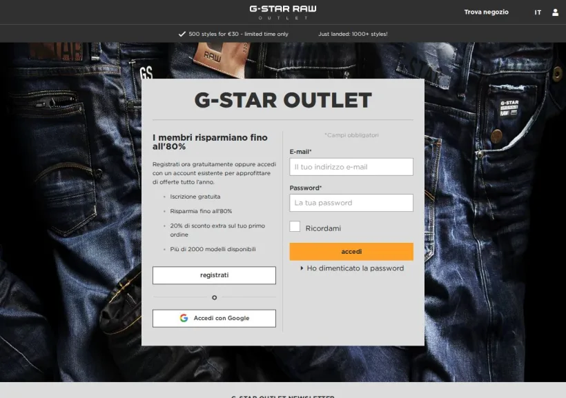 Schermata della pagina offerta di G-Star