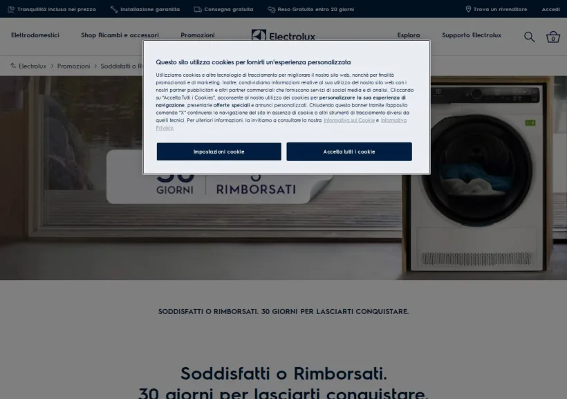 Schermata della pagina offerta di Shop Electrolux