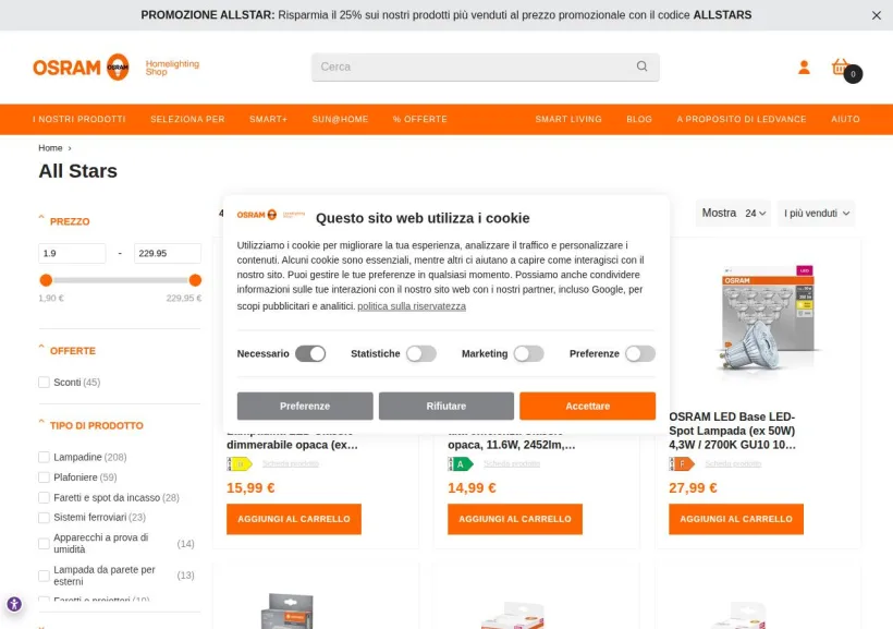 Schermata della pagina offerta di Ledvance 