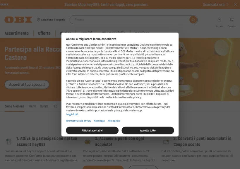 Schermata della pagina offerta di OBI