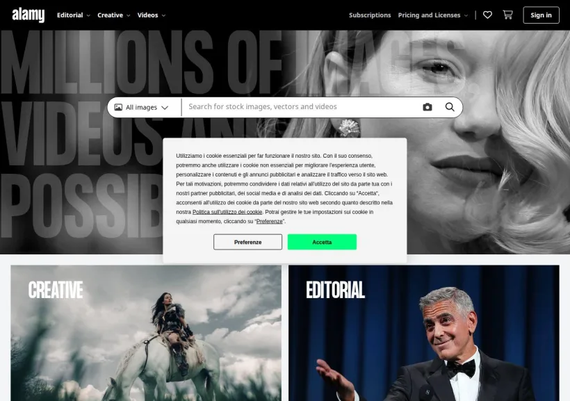 Schermata della pagina offerta di Alamy