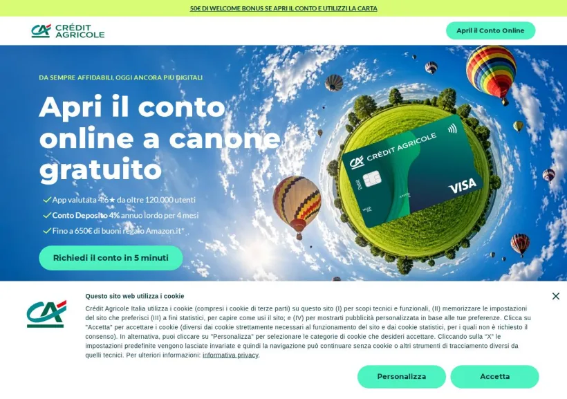 Schermata della pagina offerta di Crédit Agricole