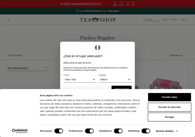 Schermata della pagina offerta di Tea Shop