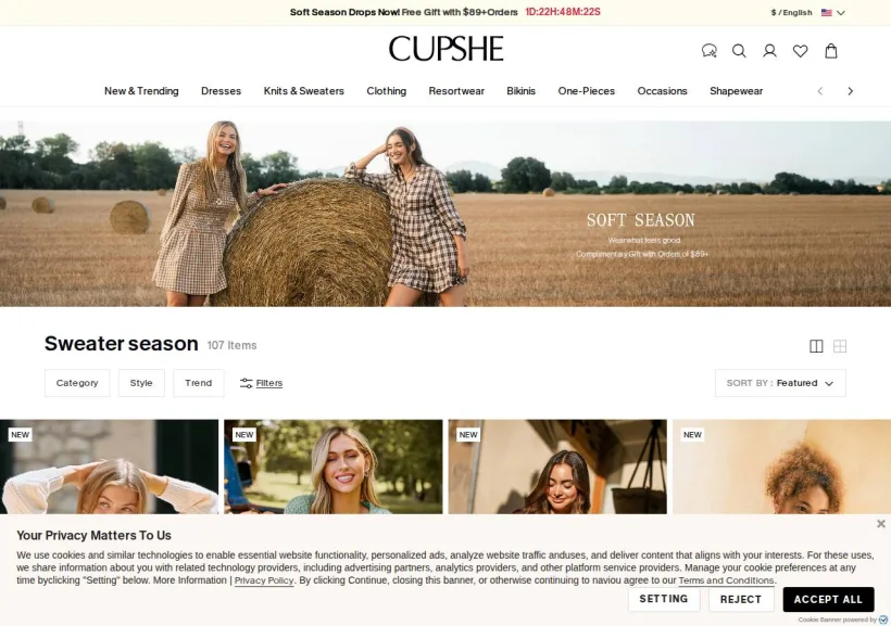 Schermata della pagina offerta di Cupshe