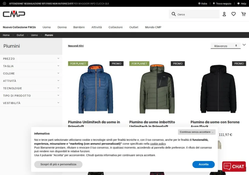 Schermata della pagina offerta di CMP Sport