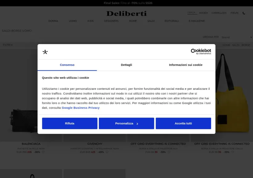 Schermata della pagina offerta di Deliberti