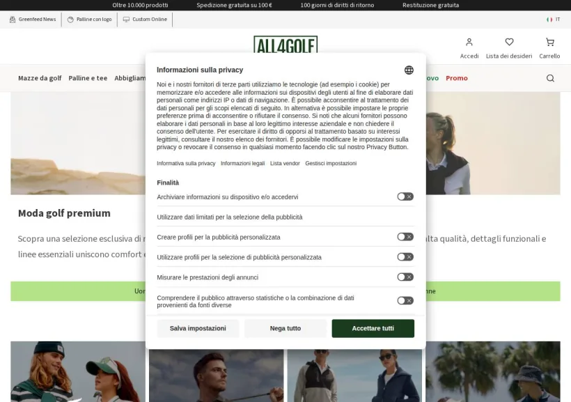 Schermata della pagina offerta di All4Golf