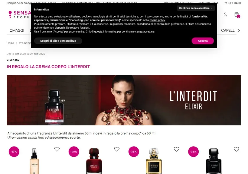Schermata della pagina offerta di SensationProfumerie