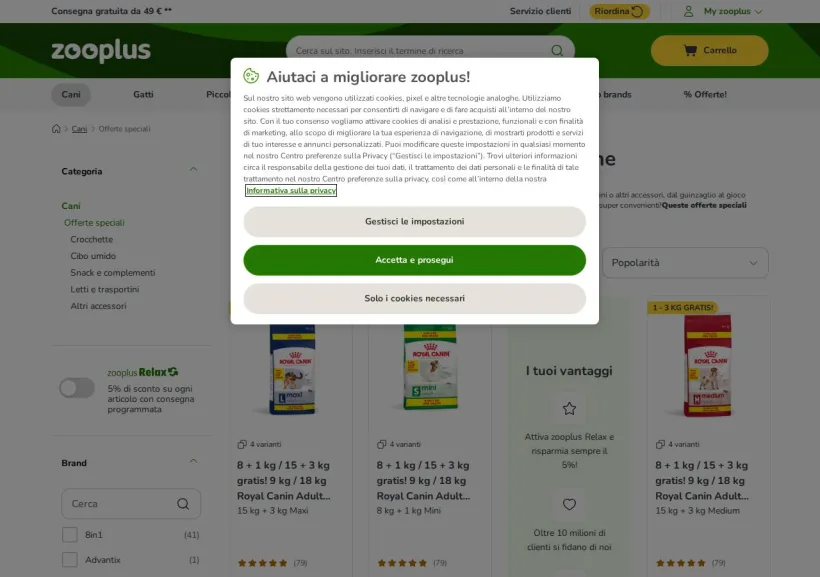 Schermata della pagina offerta di Zooplus