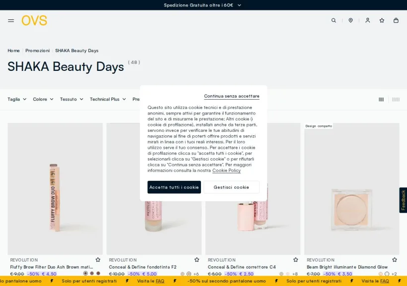 Schermata della pagina offerta di OVS