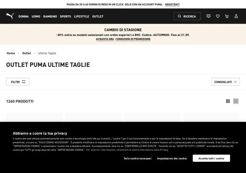 Schermata della pagina offerta di PUMA
