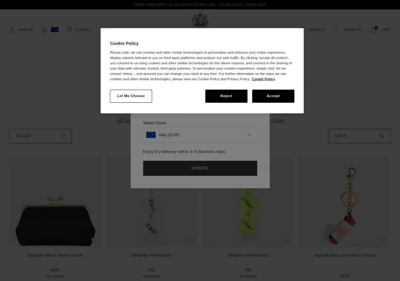 Schermata della pagina offerta di Anya Hindmarch