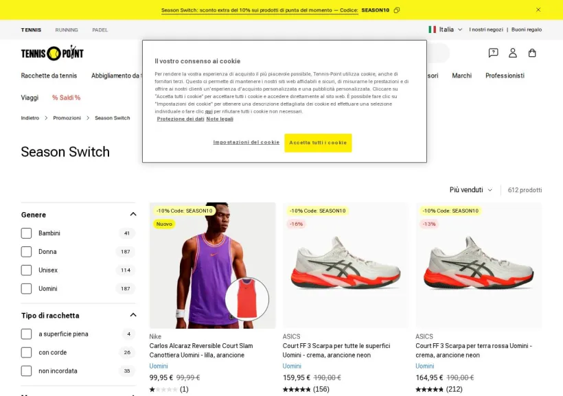 Schermata della pagina offerta di Tennis Point