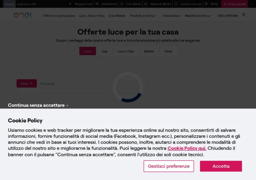 Schermata della pagina offerta di Enel