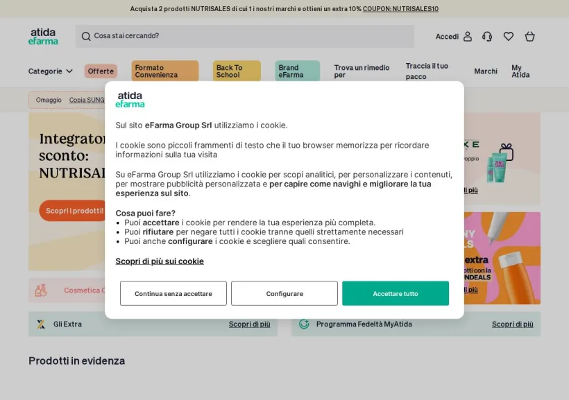 Schermata della pagina offerta di eFarma