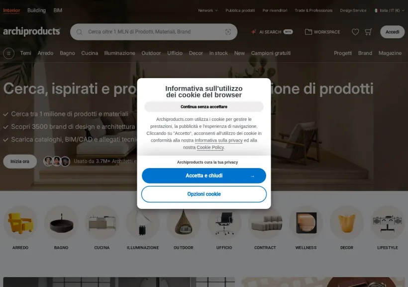 Schermata della pagina offerta di Archiproducts