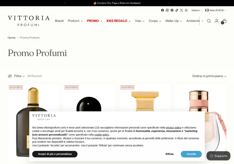 Schermata della pagina offerta di Vittoria Profumi