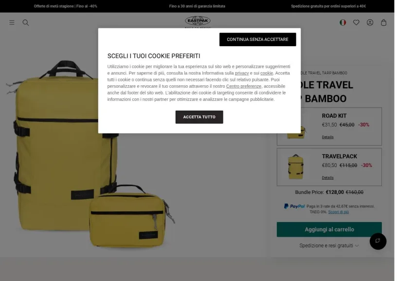 Schermata della pagina offerta di Eastpak