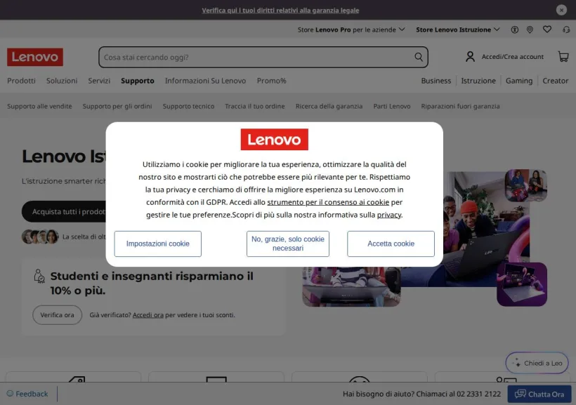 Schermata della pagina offerta di Lenovo