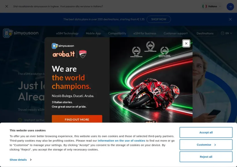Schermata della pagina offerta di e-Sim Aruba