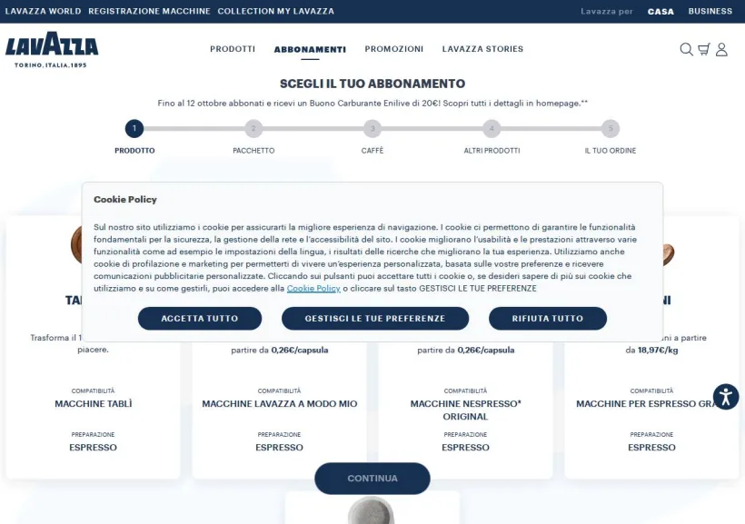 Schermata della pagina offerta di Lavazza