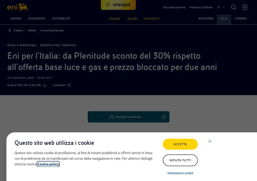 Schermata della pagina offerta di Eni Gas e Luce