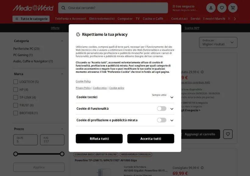 Schermata della pagina offerta di Mediaworld
