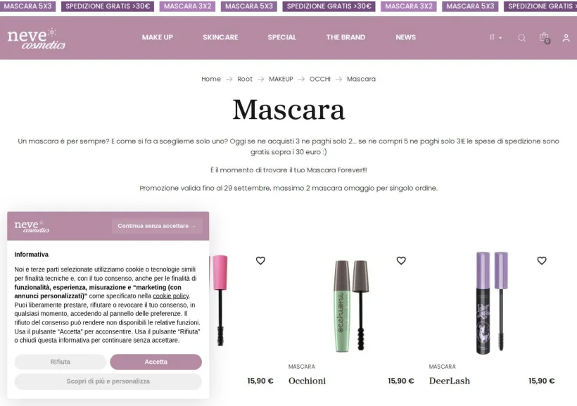 Schermata della pagina offerta di Neve Cosmetics