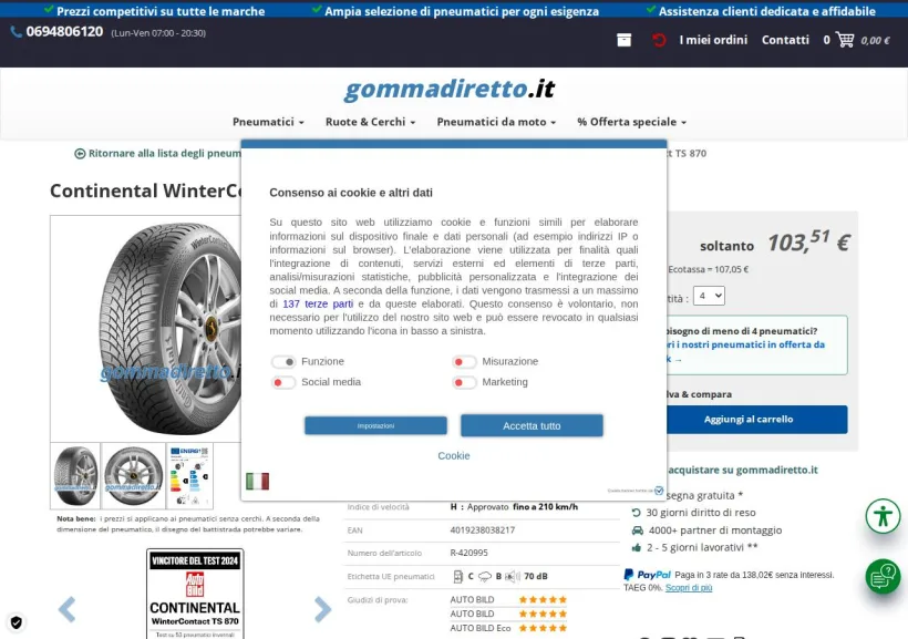 Schermata della pagina offerta di Gommadiretto