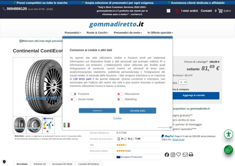 Schermata della pagina offerta di Gommadiretto