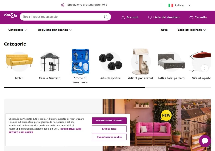 Schermata della pagina offerta di vidaXL