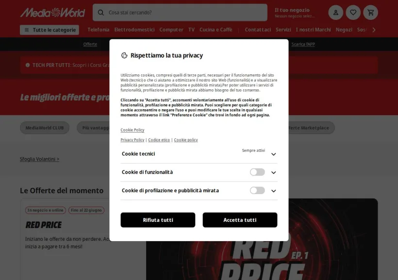 Schermata della pagina offerta di Mediaworld