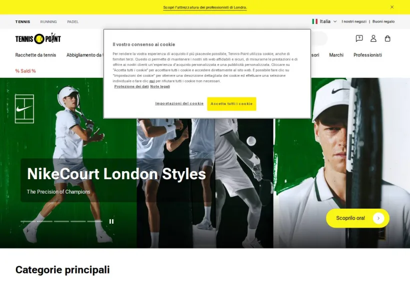 Schermata della pagina offerta di Tennis Point
