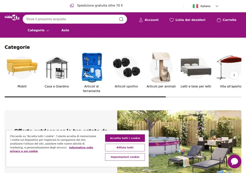 Schermata della pagina offerta di vidaXL