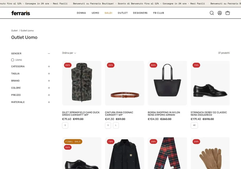 Schermata della pagina offerta di Ferraris Boutique