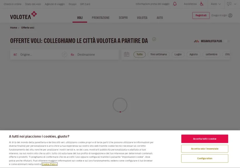Schermata della pagina offerta di Volotea