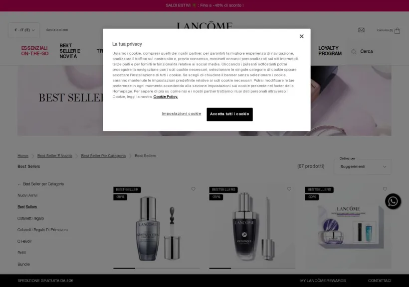 Schermata della pagina offerta di Lancome 