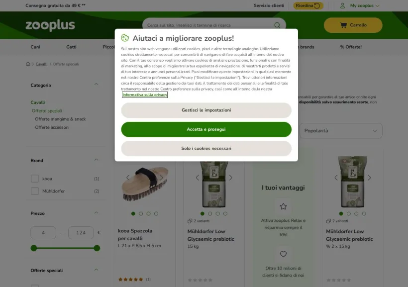 Schermata della pagina offerta di Zooplus
