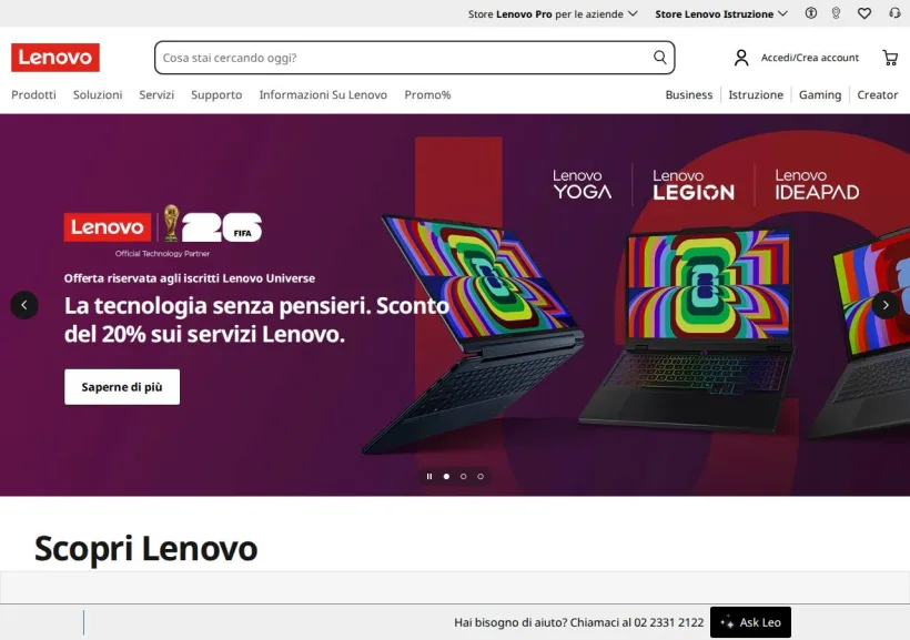 Schermata della pagina offerta di Lenovo