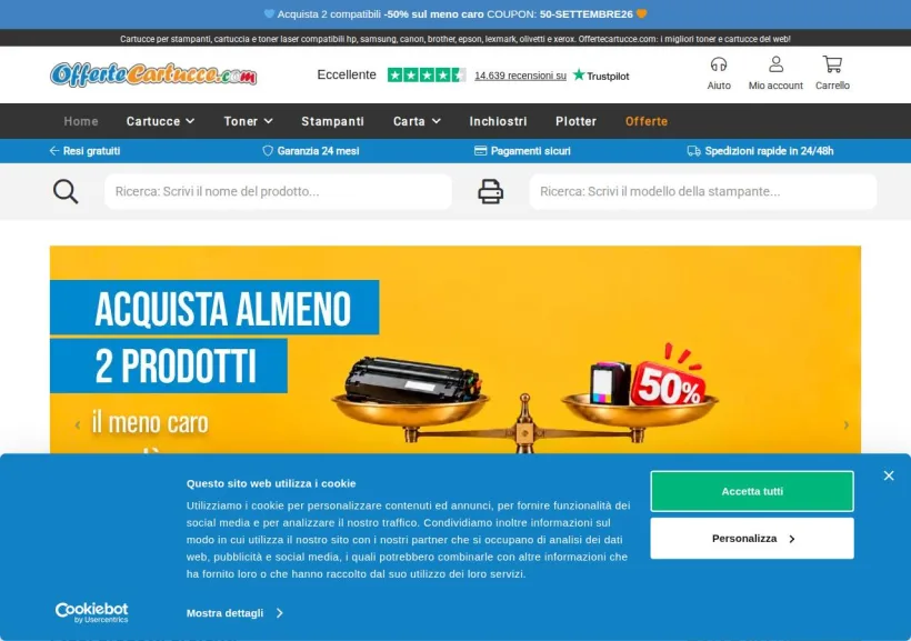 Schermata della pagina offerta di OfferteCartucce